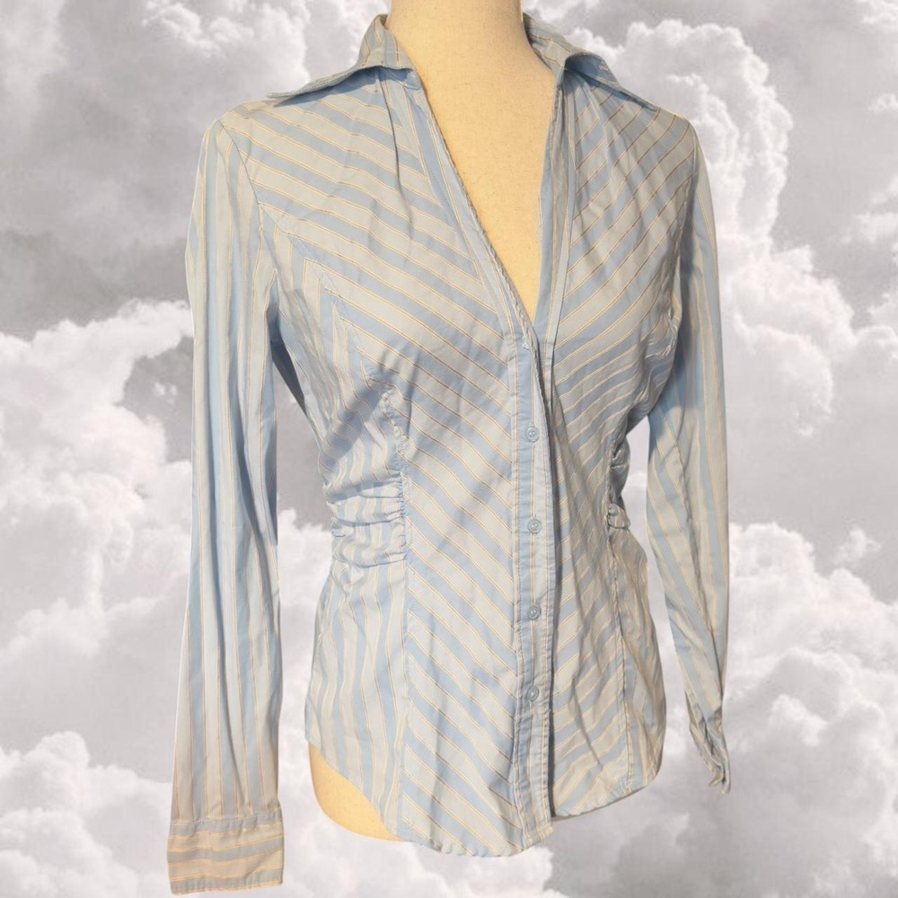 Y2K blue and white striped fitted button down womens shirt size small